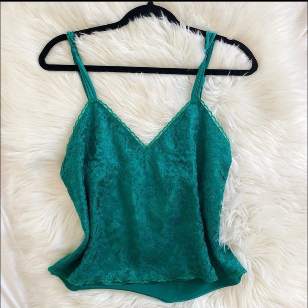 Vintage Victoria’s Secret Gold Label Emerald Floral Satin & Lace Tank Size M